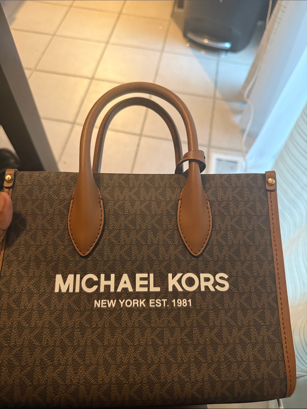 Michael Kors Brown Logo Messenger Bag with Tan Handles